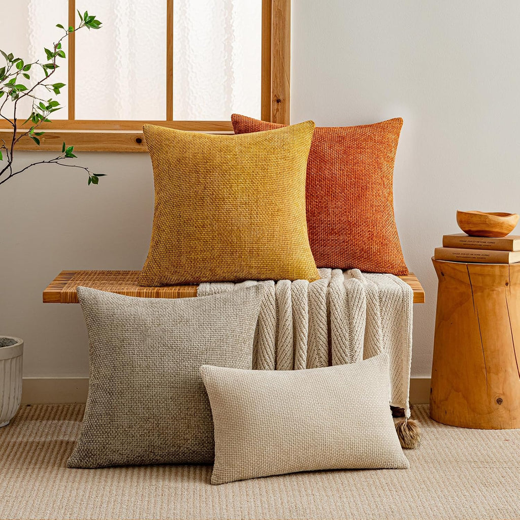 a moment Fall Mustard Yellow Chenille Throw Pillow Covers 18x18 Inch Pack of 2 Modern Decorative Throw Pillow Covers Farmhouse Cross Pillows Home Decor for Sofa Bedroom Living Room