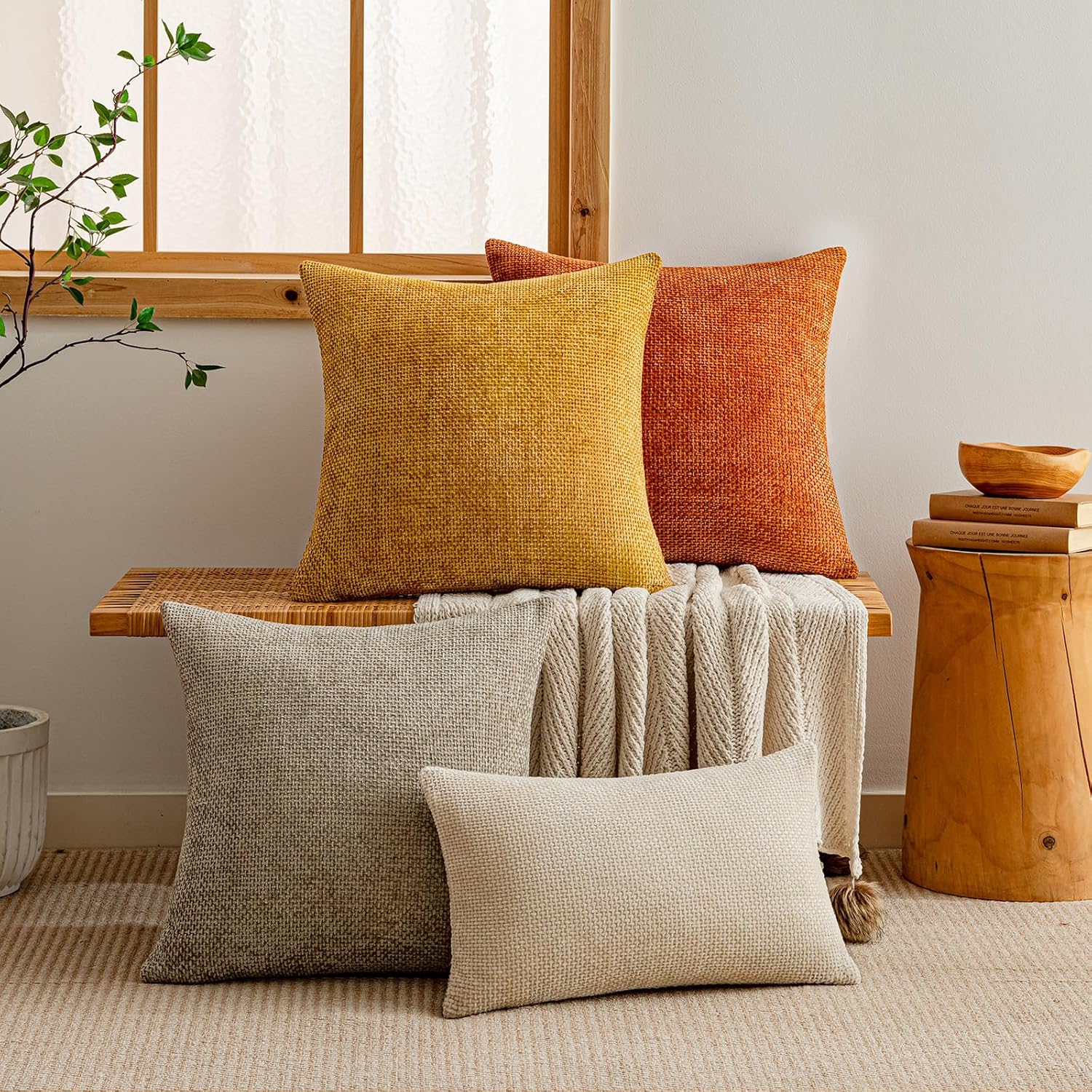 a moment Fall Mustard Yellow Chenille Throw Pillow Covers 20x20 Inch Pack of 2 Modern Decorative Throw Pillow Covers Farmhouse Cross Covers Home Decor for Sofa Bedroom Living Room