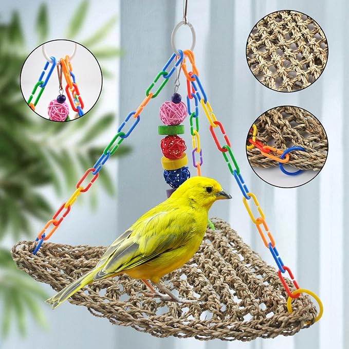 Bird Swing Toys,Bird Seagrass Mat Edible Hammock Parrot Lounger with Toys Handmade Woven Hanging Hammock for Lovebird Cockatiel Canary Parakeets Finch Budgie(2 Pcs)