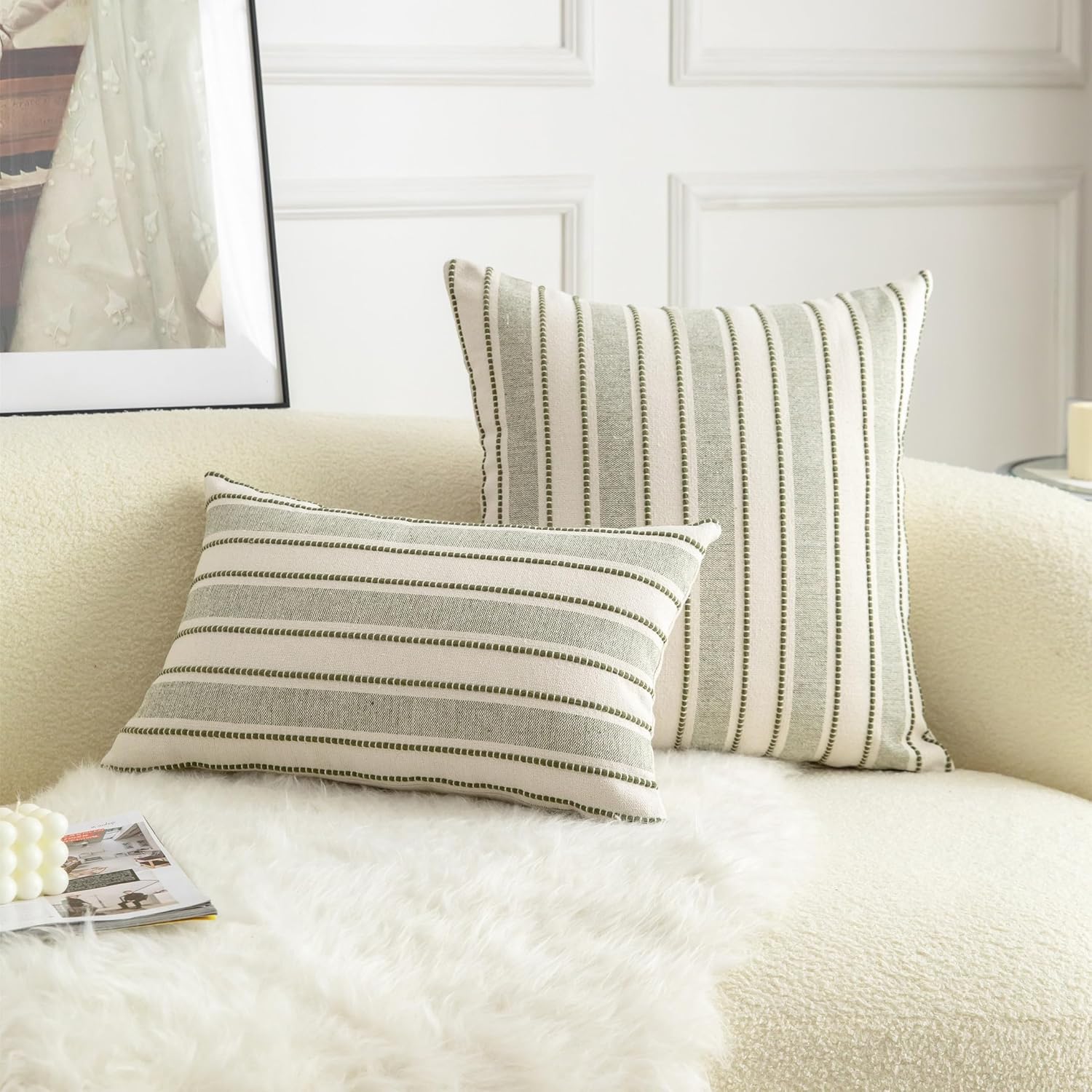 Decorative Boho Lumbar Throw Pillow Covers, Farmhouse Textured Pillow Case, 12 x 20 Inch Set of 2, Chair Sofa Bedroom Living Room Home Decor Couch Cushion Case, Olive Green and Beige