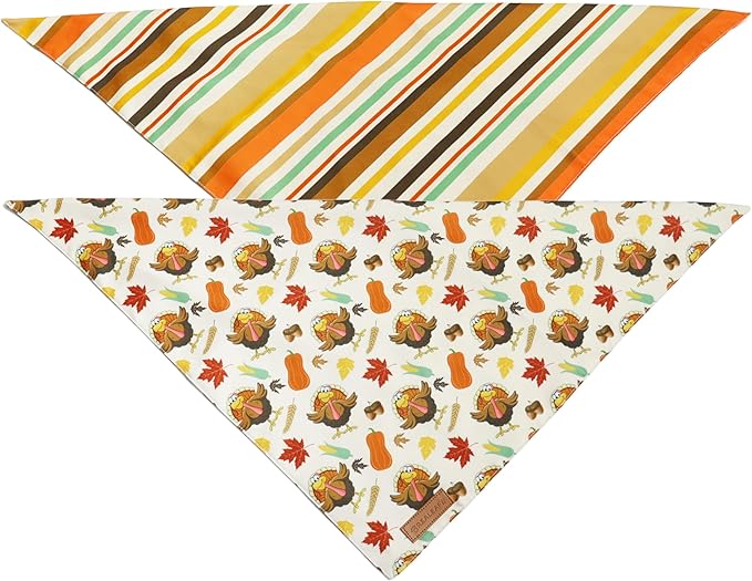 Realeaf Thanksgiving Dog Bandanas 2 Pack,Turkey Pumpkins Fall Stripe Pet Scarf for Boy and Girl, Premium Durable Fabric, Reversible Holiday Bandana for Small and Medium Dogs Pets
