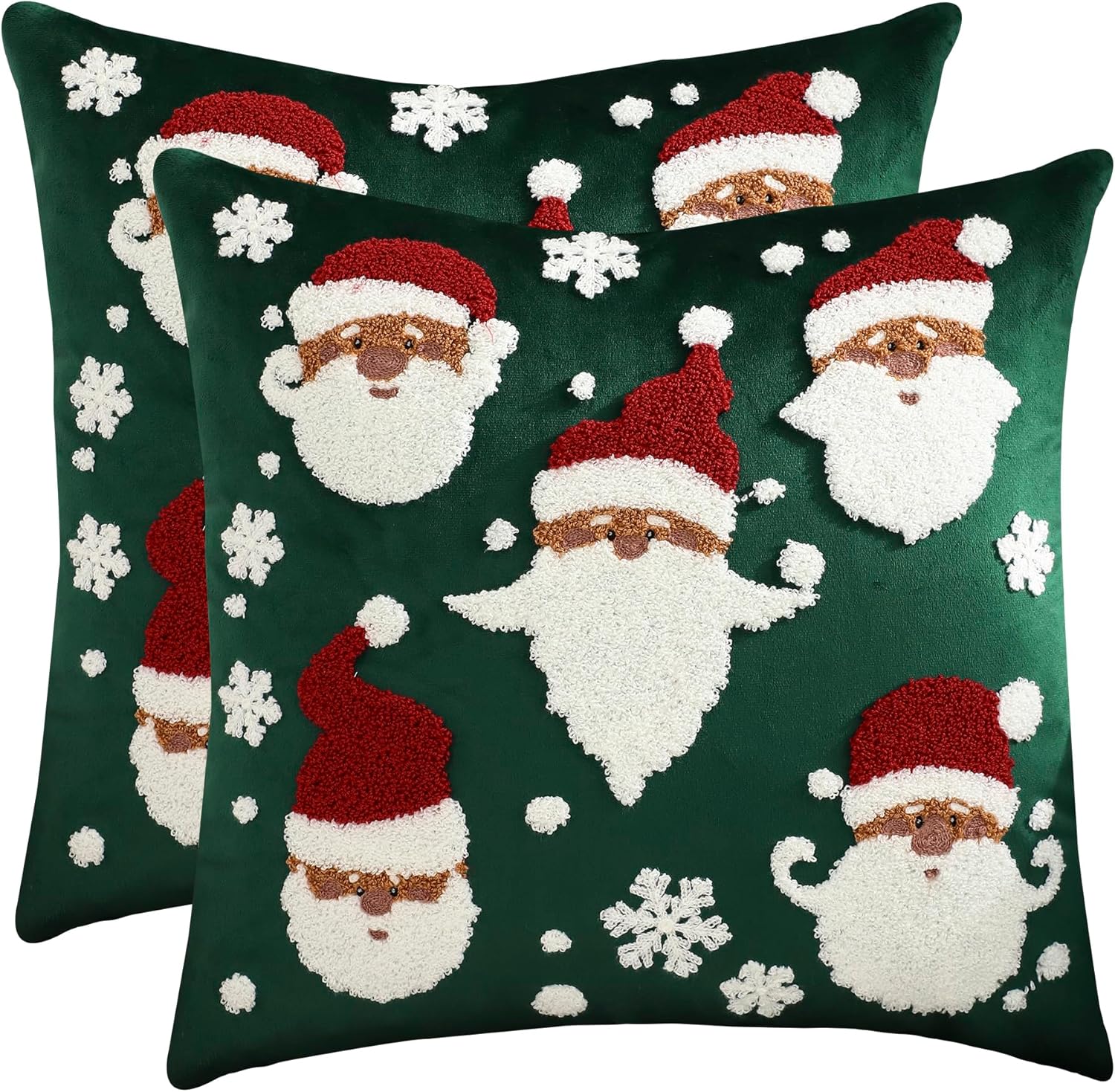 LUOYEHK Christmas Santa Claus Pillow Covers 18x18 Set of 2 Velvet Green Pillow Cases Winter Holiday Embroidered Cushion Covers for Couch Sofa Bed