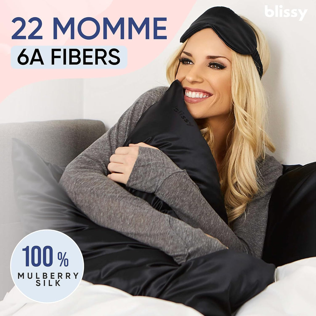 Blissy Silk Pillowcase - 100% Pure Mulberry Silk - 22 Momme 6A High-Grade Fibers - Silk Pillow Cover for Hair & Skin - Regular, Queen & King (Black, Queen)