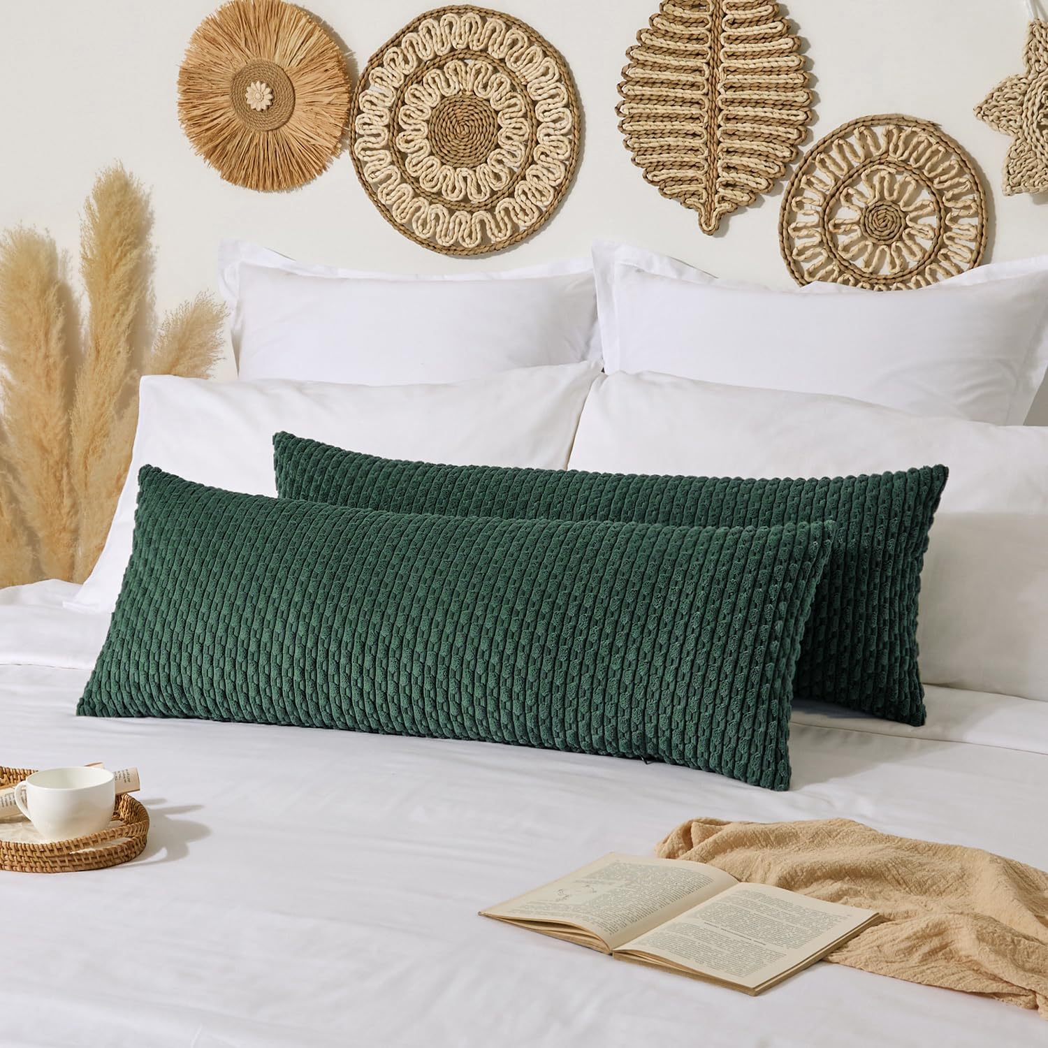 Kevin Textile 20x54 Inch Long Body Lumbar 1 Pack Boho Decorative Throw Pillow Cover Soft Striped Corduroy Rectangle Cushion Case Farmhouse Accent for Living Room Couch Sofa Bed, Army Green