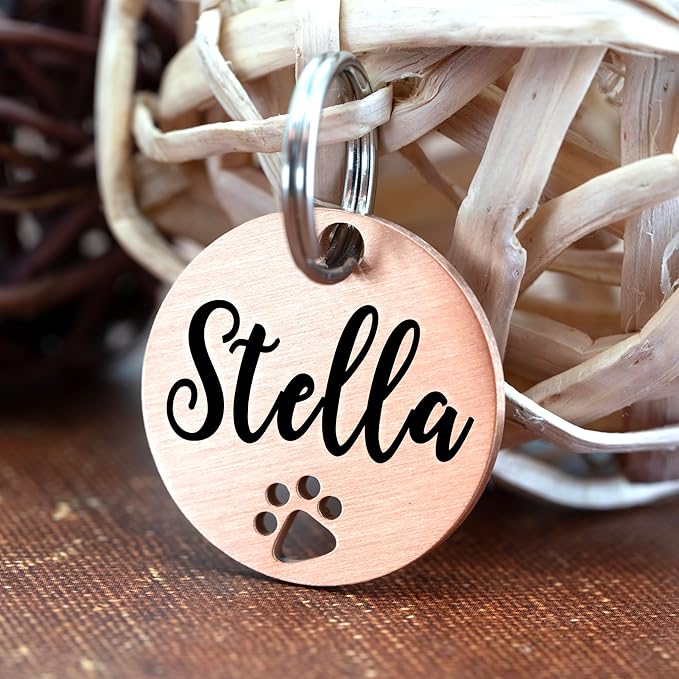 Ultra Joys Dog Tags Personalized for Pets - Hollow Paw Custom Pet ID Tag - Engraved Dog Tag for Small, Large Dogs - Large Round in Rose