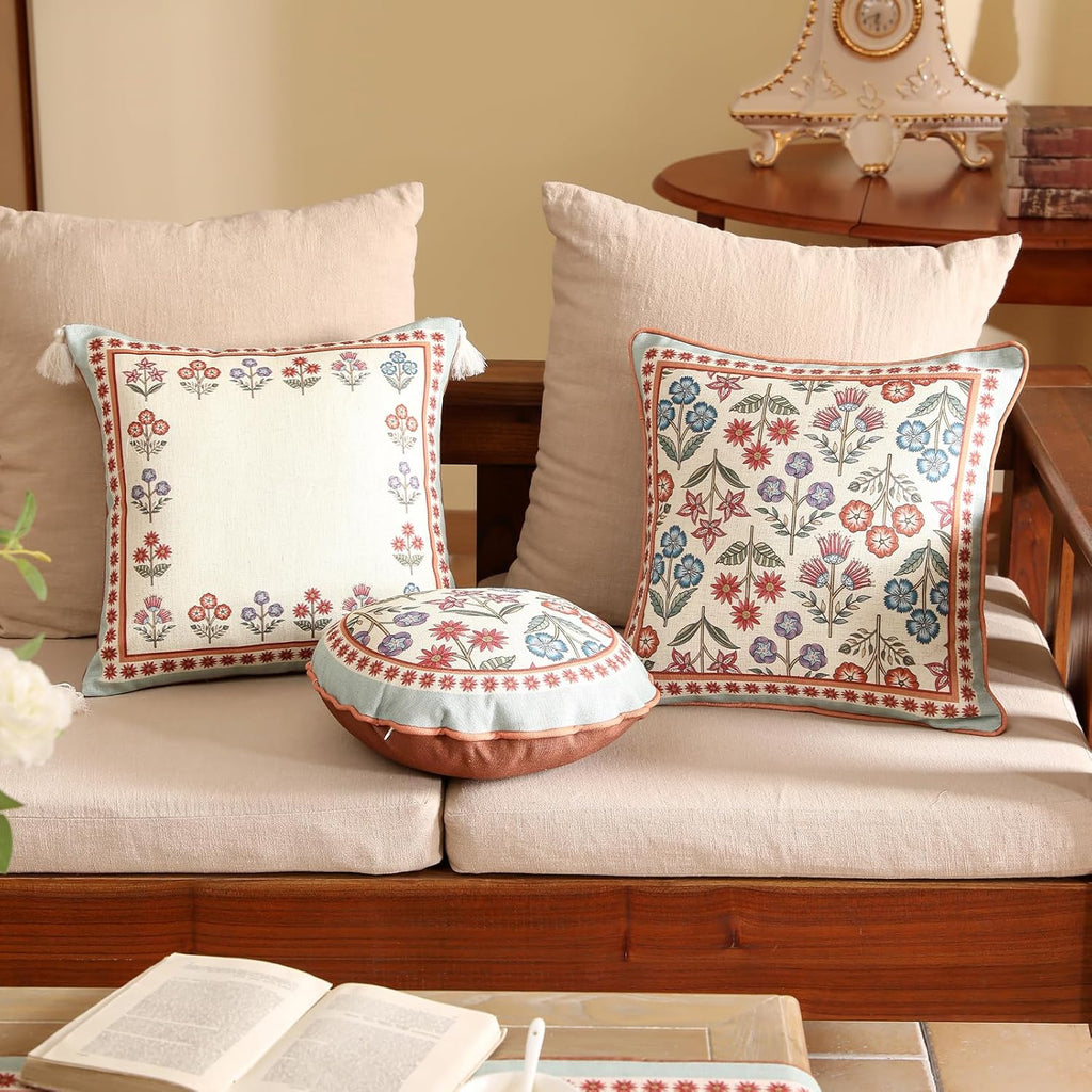 Blue Throw Pillow Covers Set of 2,Cottage Rustic Farmhouse with Wild Flowers Pattern Linen Pillowcases,Decorative Square Pillows Cushion Cover for Couch Sofa Bed Chair Car,18x18 Inches