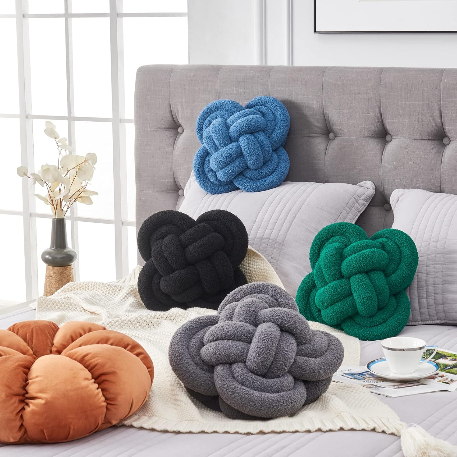 Xiashrk Knot Pillow Ball, 12" Soft Decorative Throw Pillows for Couch Bed, Black Knotted Plush Throw Pillow Handmade Square Cushion Home Couch Decor Pillows for Living Room