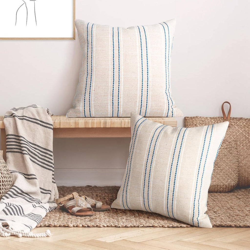 AELS 26x26 Decorative Farmhouse Linen Throw Pillow Covers, Boho Textured Pillow Case, Set of 2, Beige with White & Navy Blue Stitch Yarn Dyed Stripe Cushion Cover for Couch Living Room (Cover ONLY)