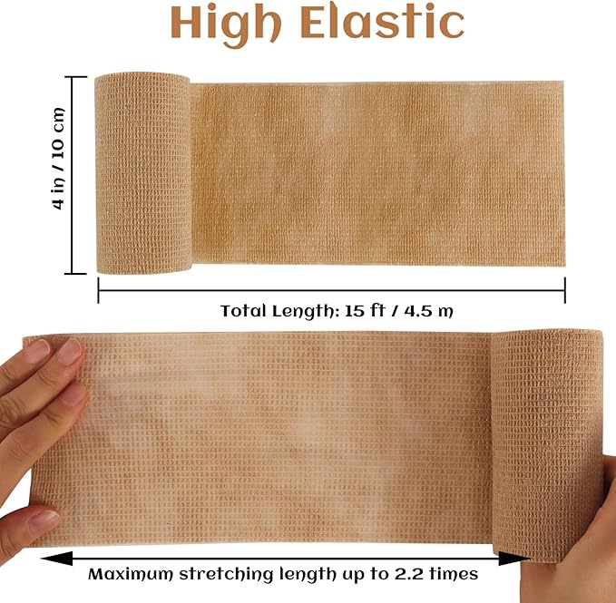 6 Rolls Elastic Self Adhesive Bandage Wrap 4 Inch, Breathable Non Woven Cohesive Bandage, Vet Wrap for Dogs, Ankle Sprains Swelling Medical First Aid Tape, Sports Athletic Tape Brown