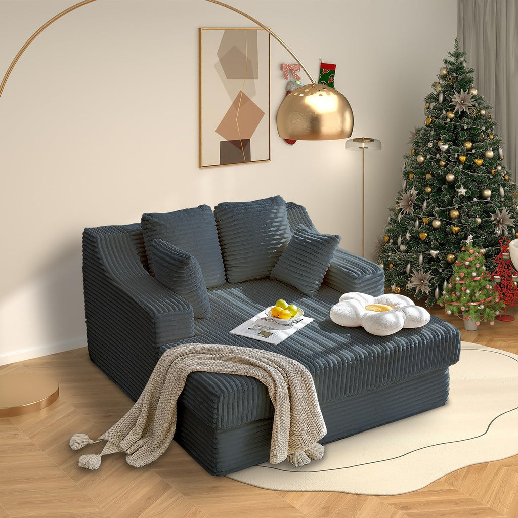 55 Inch Chaise Lounge Indoor - Oversized Chaise Lounge with 4 Throw Pillows and Armrets, Upholstered Plush Sofa Bed, Corduroy Lazy Chair Bed, Sleeper Chair for Living Room or Bedroom, Gray