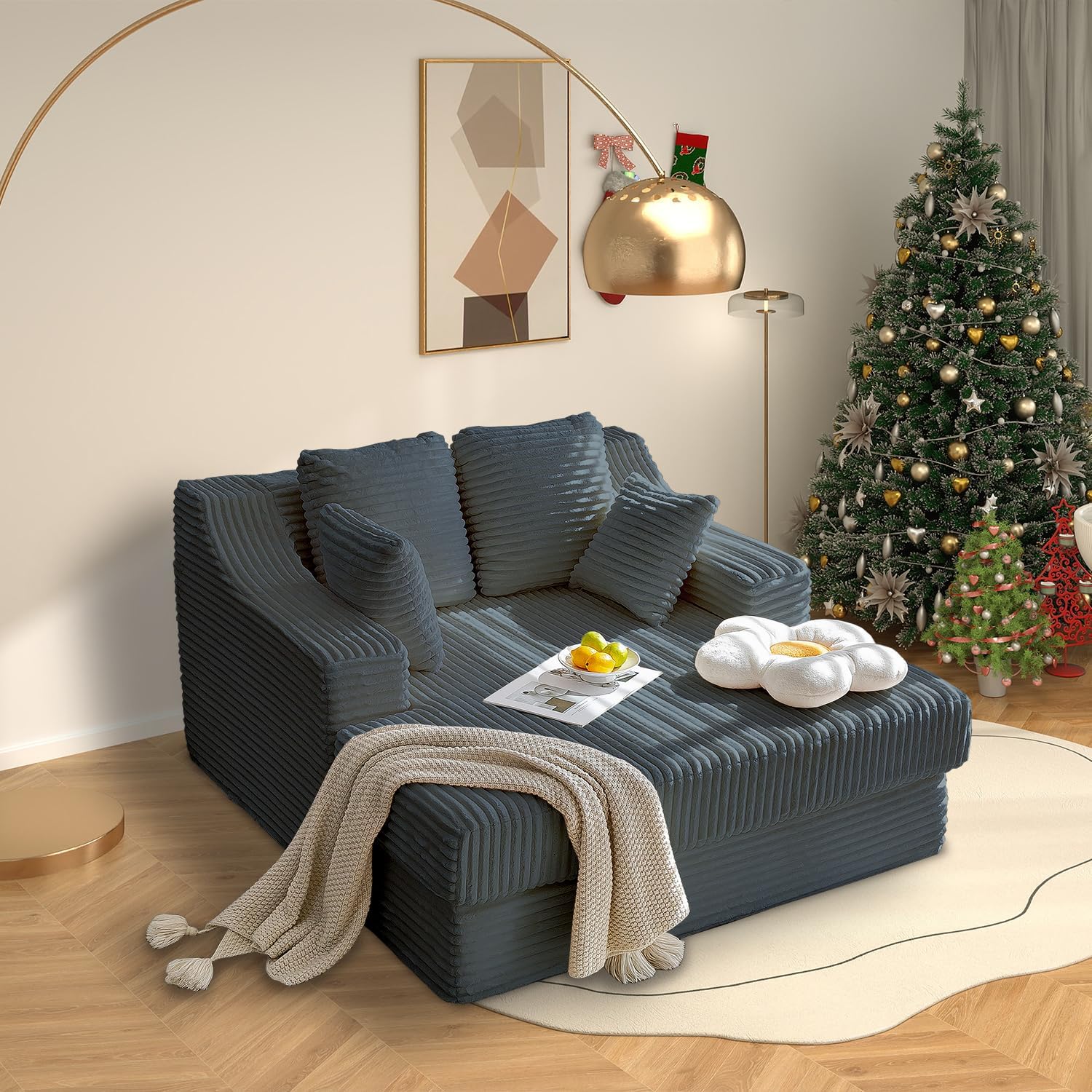 55 Inch Chaise Lounge Indoor - Oversized Chaise Lounge with 4 Throw Pillows and Armrets, Upholstered Plush Sofa Bed, Corduroy Lazy Chair Bed, Sleeper Chair for Living Room or Bedroom, Gray