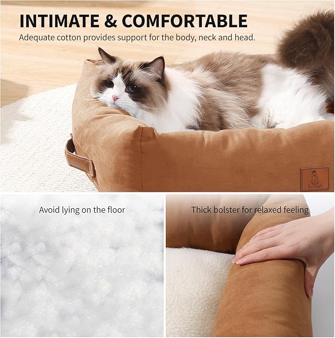 20In Dog Bed for Small Medium Sized Dogs and Cats - Washable Rectangle Puppy Bed for Indoor Outdoor, Cozy Pet Bed with Support Pillow & Non-Slip Bottom(Brown, Small)