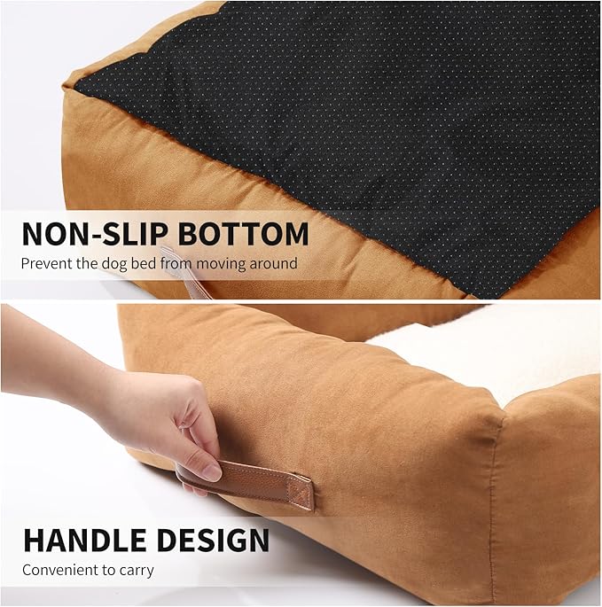 25In Dog Bed for Small Medium Sized Dogs - Washable Rectangle Puppy Bed for Indoor Outdoor, Cozy Pet Bed with Support Pillow & Non-Slip Bottom(Brown, Medium)