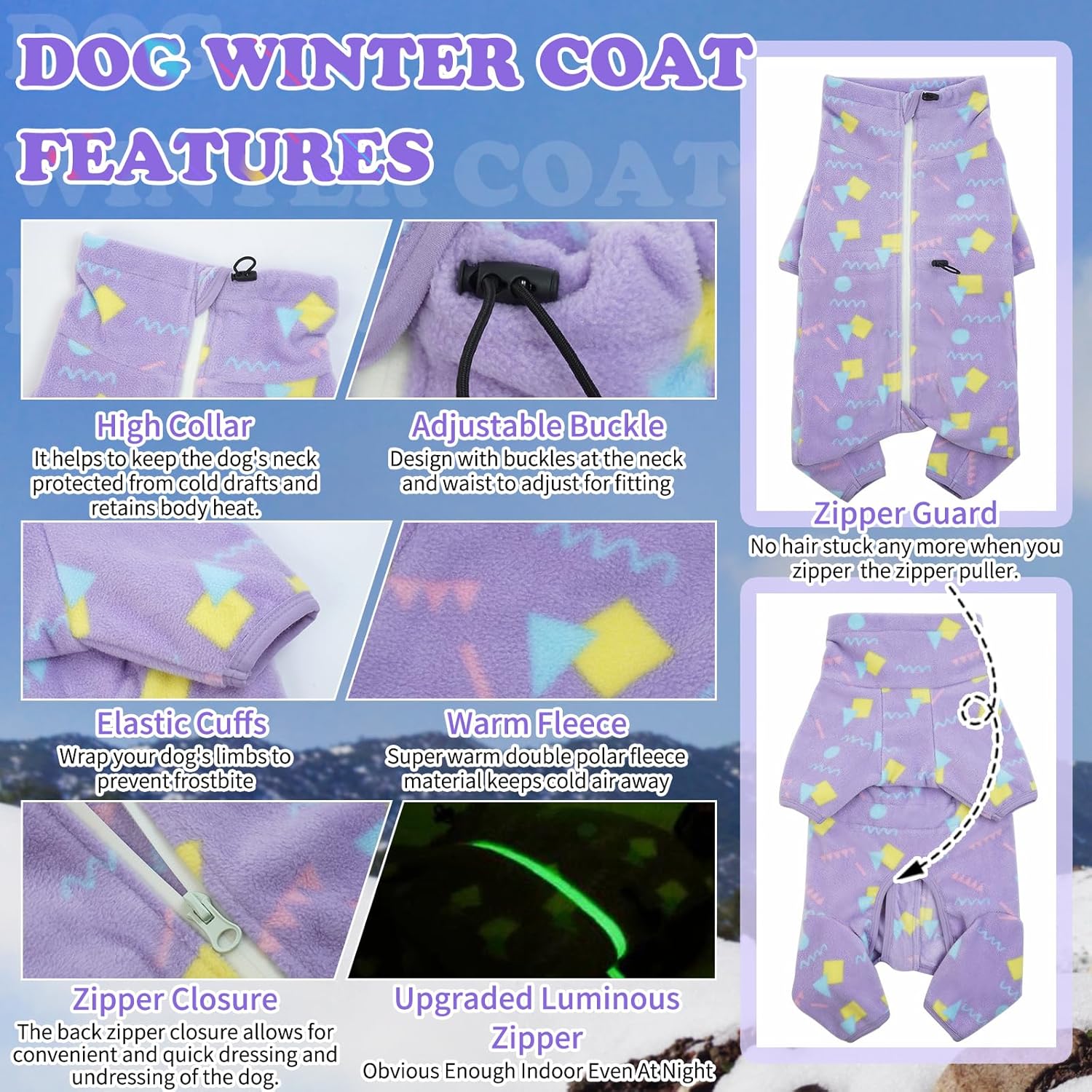 ROZKITCH Dog Winter Coat Soft Fleece Pullover Pajamas, Pet Windproof Warm Cold Weather Jacket Vest with Luminous Zipper, Jumpsuit Apparel Outfit Clothes for Small Medium Large Dog Geometry 4XL