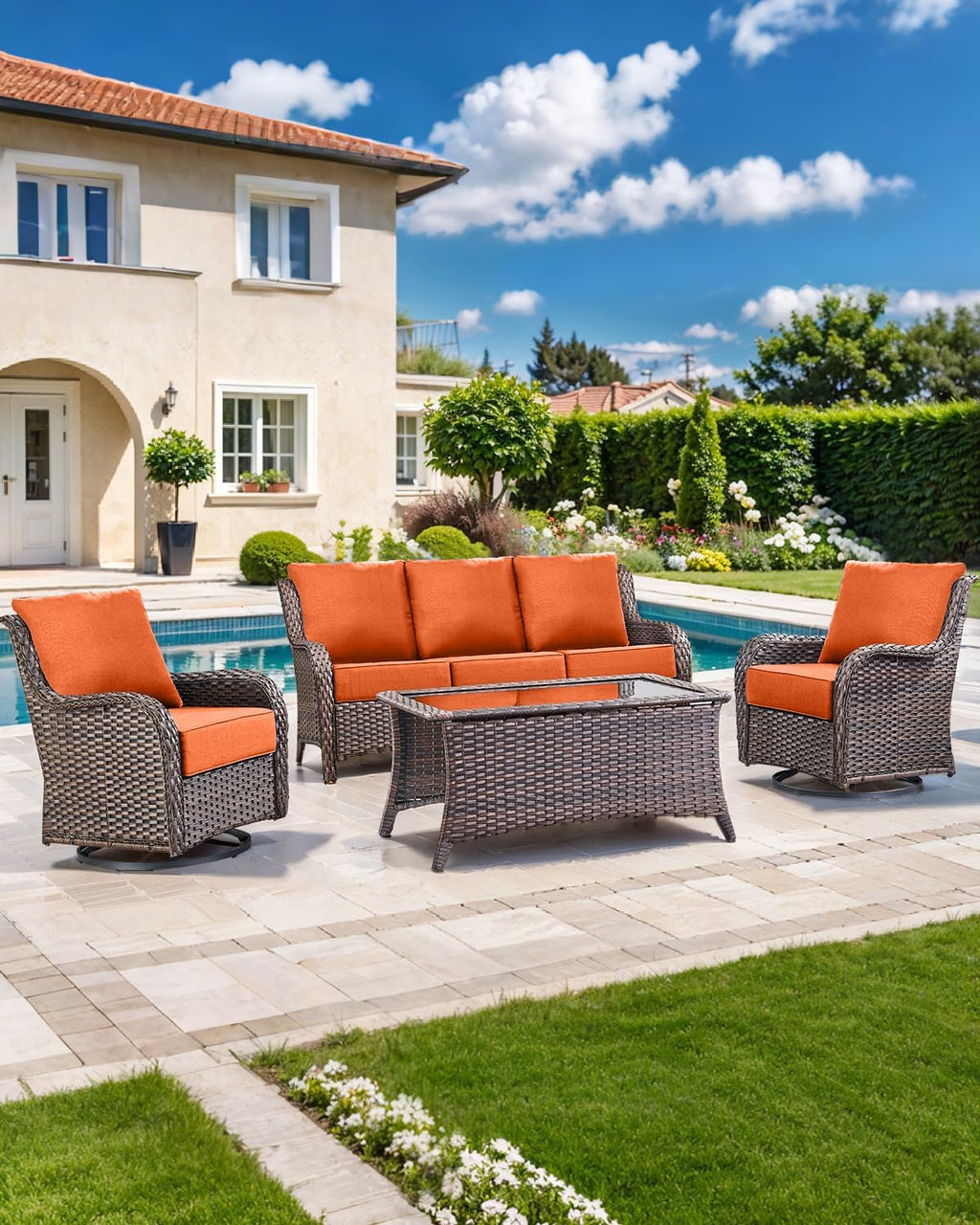 Luxury 22x24/22x25 6-Inch Outdoor Seat Cushions - Set of 2 Water Resistant Patio Chair Replacement Cushion for Porch Rattan Dining Rocker Glider Chairs Loveseat Couch Sectional Sofa - Orange