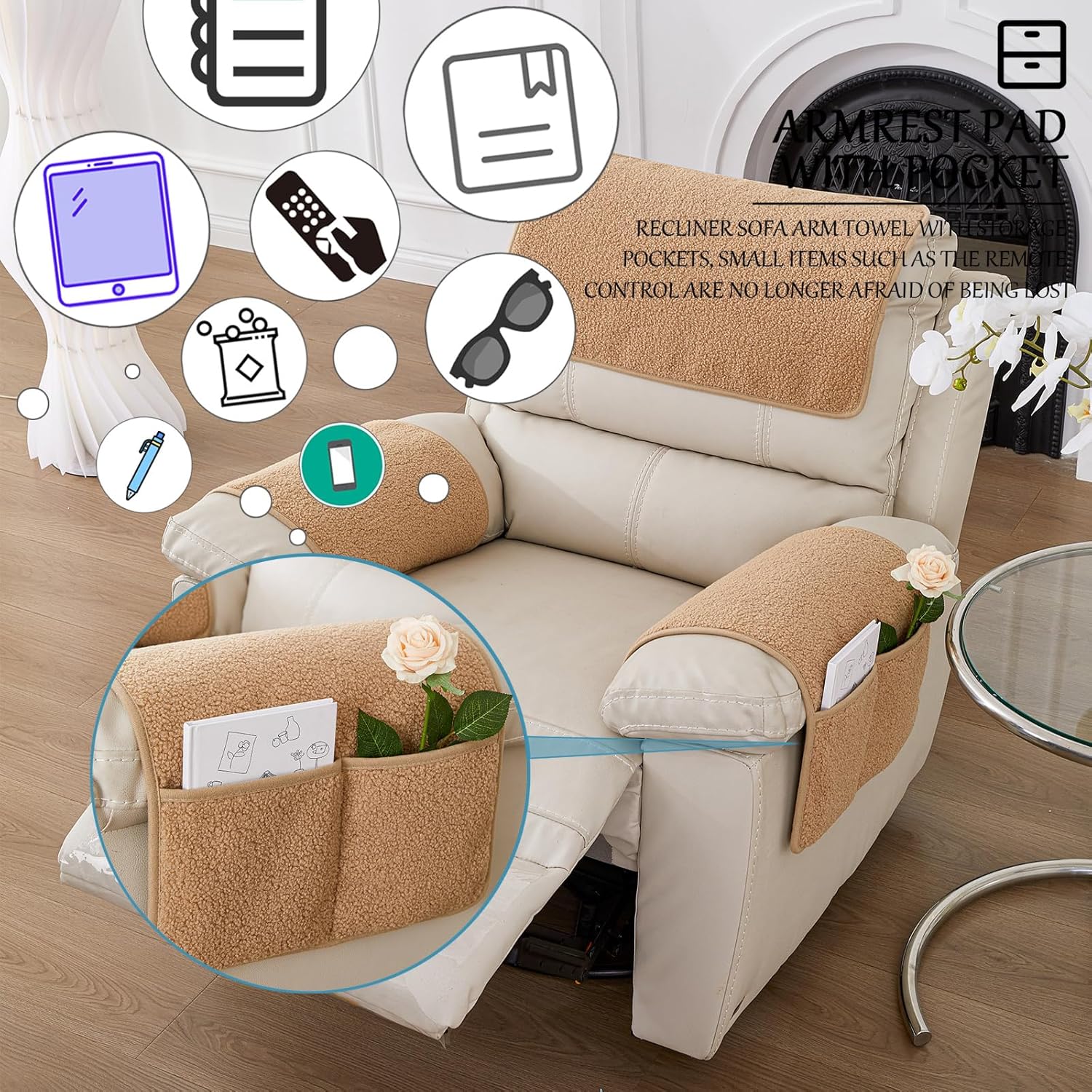 Armrest Cover, Recliner Chair Protector, Furniture Protector Slip, Side Storage Pocket, Stretch Armchair Couch Arm Rest Cover for Recliner, Chair, Sofa (Camel,2 Seater(4pcs))