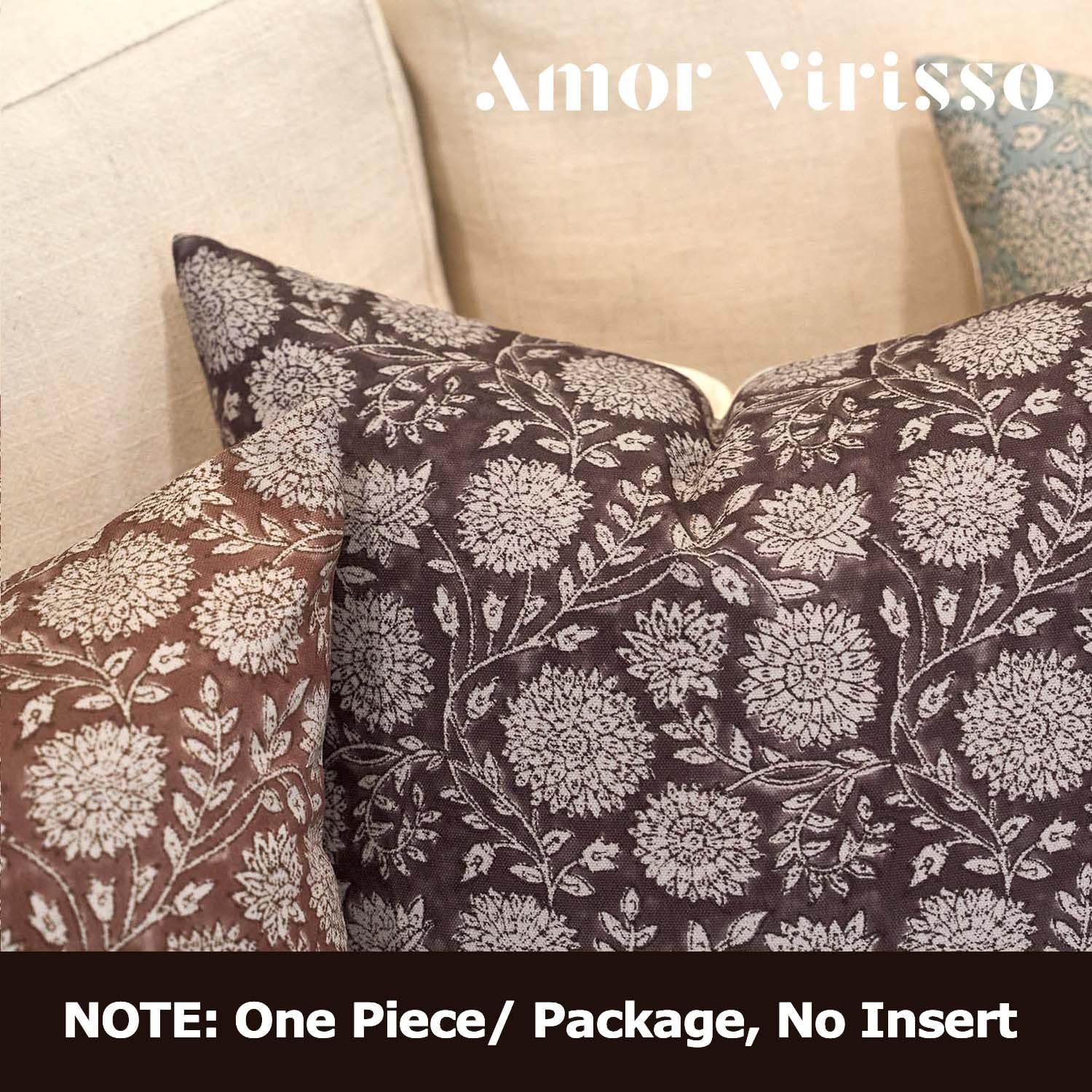 Amor Virisso Floral Pillow Covers 20x20 Throw Pillow Covers Vintage Block Print Pillow Cover Neutral Couch Pillows for Living Room Farmhouse Decorative Accent Sofa Pillows, Dark Brown