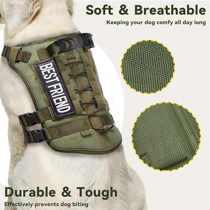Tactical Dog Harness for Large Dogs,No Pull Adjustable Tactical Dog Harness and Leash Set,Reflective Dog Vest Harness for Training and Walking Green L