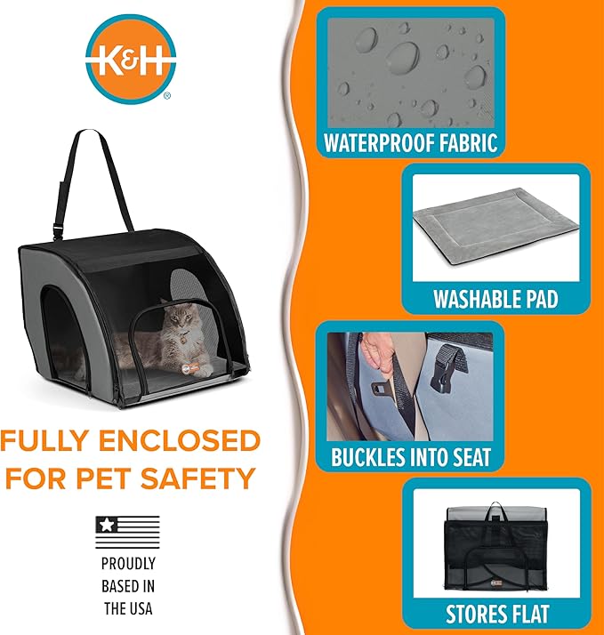 K&H Pet Products Enclosed Dog Cat Car Seat, Travel Safety Carrier for Pets, Dog Travel Car Seat, Soft-Sided Covered Cat Carrier, Washable Pad, Multiple Entrances, Mesh Windows - Small 17 X 16 X 15in