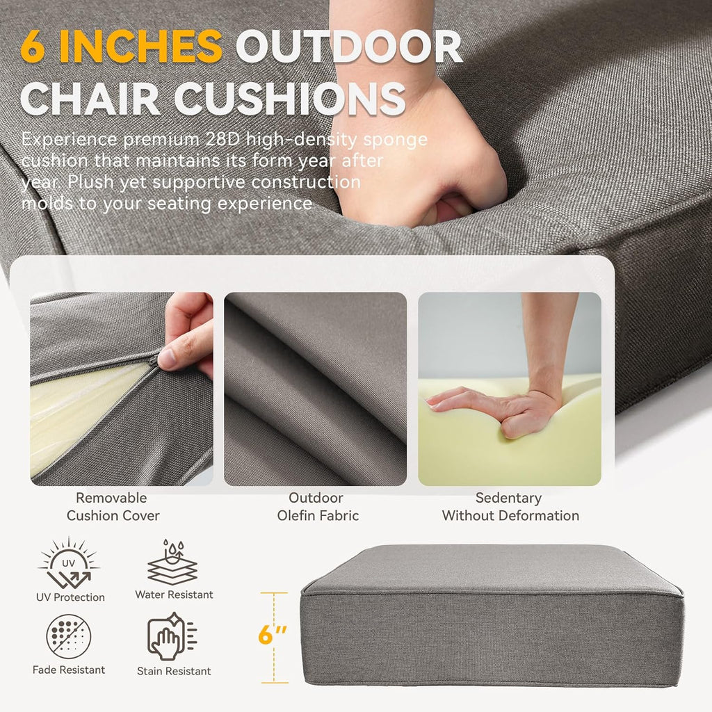6" Thick Outdoor Chair Cushions - 22"* 24" Patio Furniture Cushions with Water Resistant & Removable Cover, 28D High Density Sponge Patio Cushion for Outdoor Furniture Couch Chair Grey