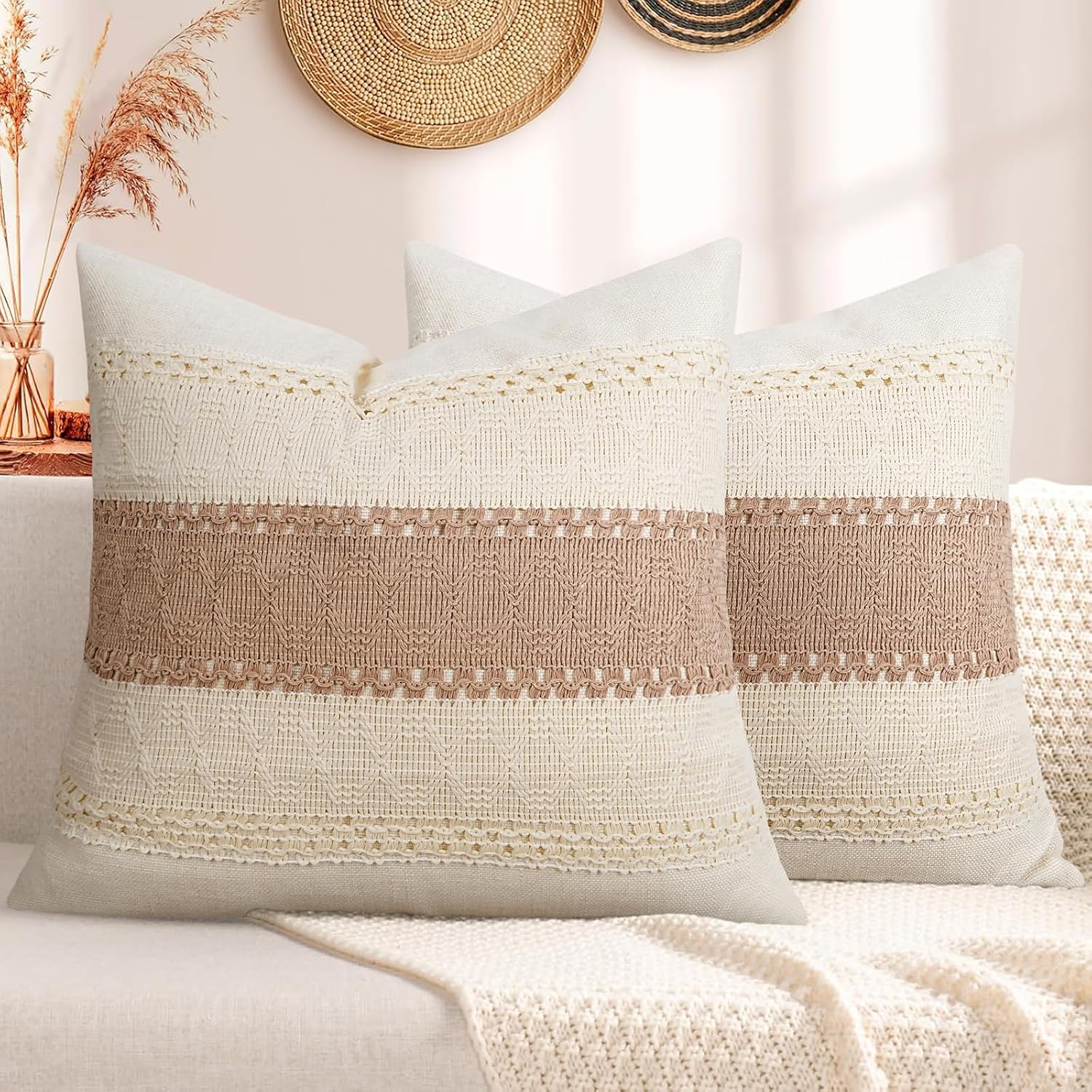 Pyonic Pack of 2 Boho Throw Pillow Covers 18x18 Inch Farmhouse Decorative Throw Pillows for Bed Sofa Living Room,Gray Modern Cushion Cover Couch Pillows Cover Home Decor