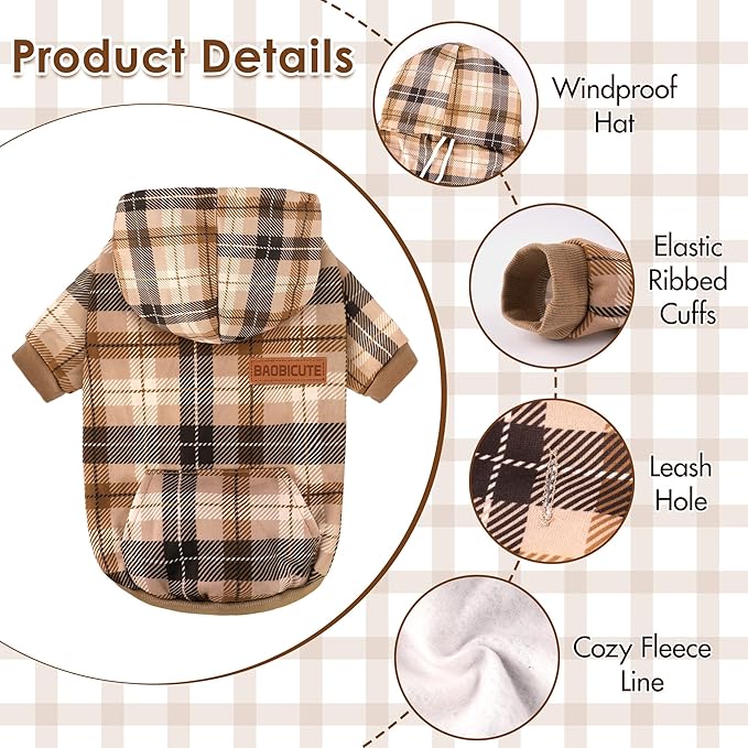 Dog Basic Hoodie Ultra-Soft Plaid Dog Clothes Cold Weather Sweaters for Medium Large Dogs Breathable Cozy Fabric Pet Coat Warm Stylish Sweatshirt with Leash Hole Pocket Dogs Jacket for Cats Boys Girls