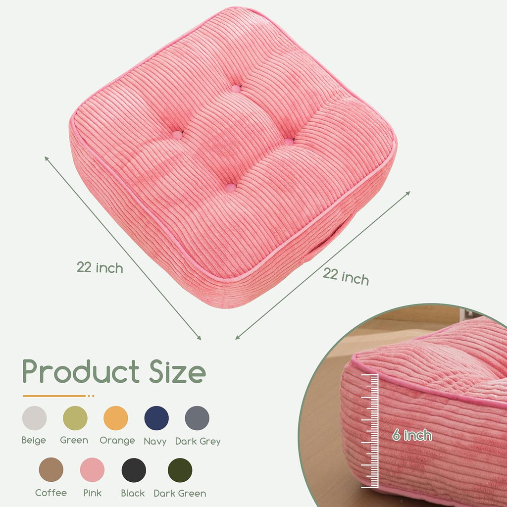 6" Washable Floor Pillow Cushion for Adults, Meditation Cushion Pillow, Large Square Floor Sitting, Removable Tufted Corduroy Cover, for Tatami Living Room or Yoga, 22x22 Inch, 2Pack, Machine Washable