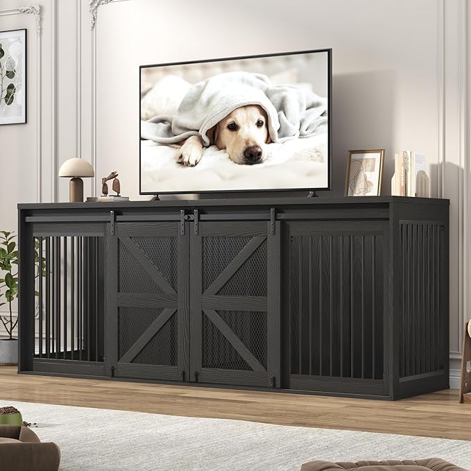 87In Farmhouse Dog Crate TV Stand, Wooden Dog Kennel Furniture with Sliding Metal Mesh Barn Door, Large Dog Crate Furniture for 2 Dogs, Solid Metal Tube & 2 Lockable Doors, Black