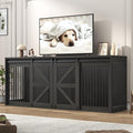 87In Farmhouse Dog Crate TV Stand, Wooden Dog Kennel Furniture with Sliding Metal Mesh Barn Door, Large Dog Crate Furniture for 2 Dogs, Solid Metal Tube & 2 Lockable Doors, Black