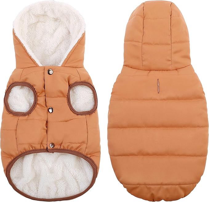 Fleece Hoodie, Windproof Waterproof Coat, Winter Warm Jacket, Cold Weather Pet Apparel Clothes Vest for Small Medium Large Dog Khaki, L