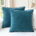 CaliTime Throw Pillow Covers Decorative 22 X 22 Inches Pack of 2 Cozy Solid Dyed Soft Chenille Cushion Cases with Pom Poms for Couch Sofa Bed Living Room Home Ocean Blue