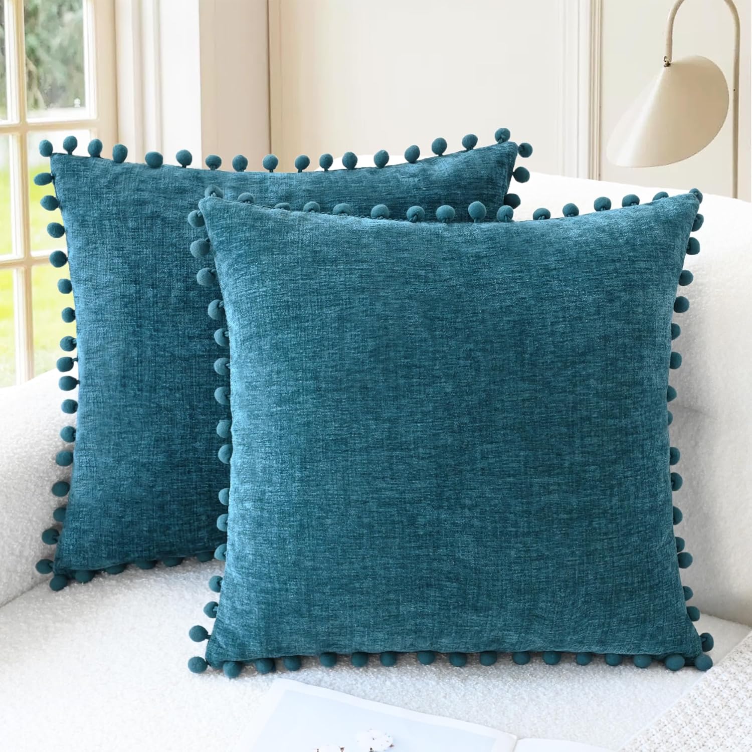 CaliTime Throw Pillow Covers Decorative 22 X 22 Inches Pack of 2 Cozy Solid Dyed Soft Chenille Cushion Cases with Pom Poms for Couch Sofa Bed Living Room Home Ocean Blue