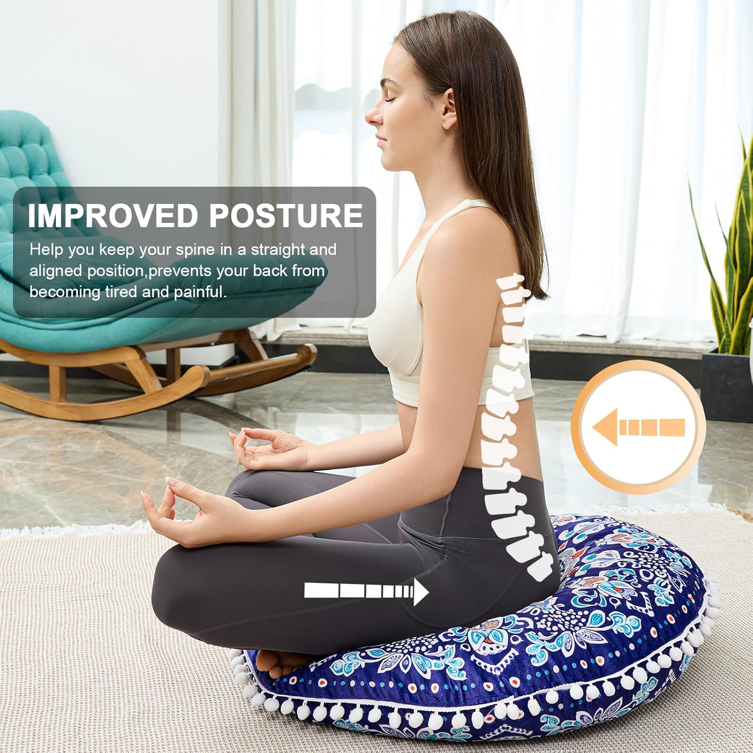 32 in Meditation Floor Cushion, Round Large Floor Pillow for Adult, Yoga Pillows for Sitting On Floor, Boho, Memory Foam Filling