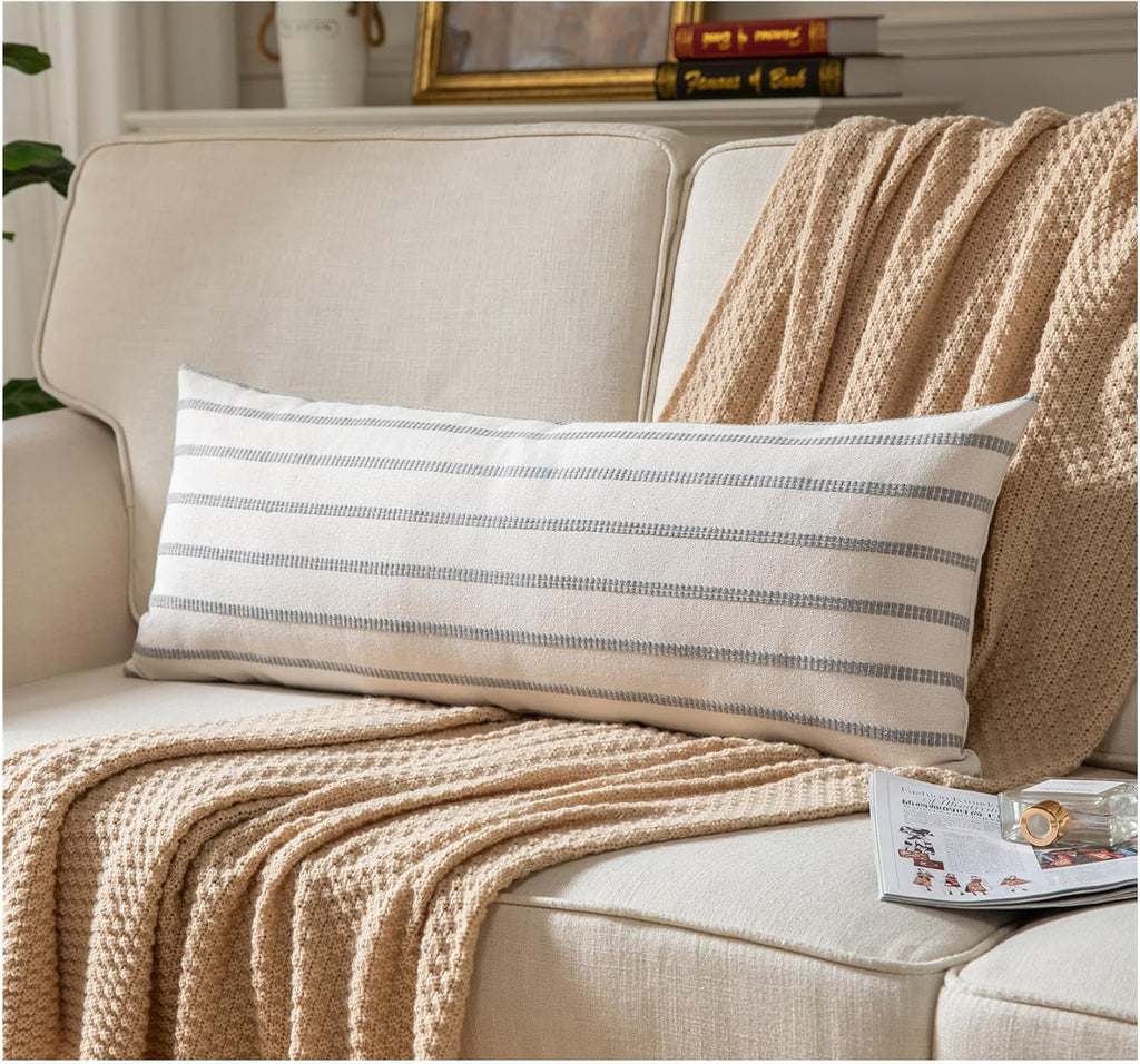 Caflife Boho Lumbar Throw Pillow Cover 14X36 Long Soft Farmhouse Decorative Couch Pillow Cases Grey Striped Body Pillow Covers Neutral Cushion Covers for Sofa Bed Living Room Home Decor Pack of 1