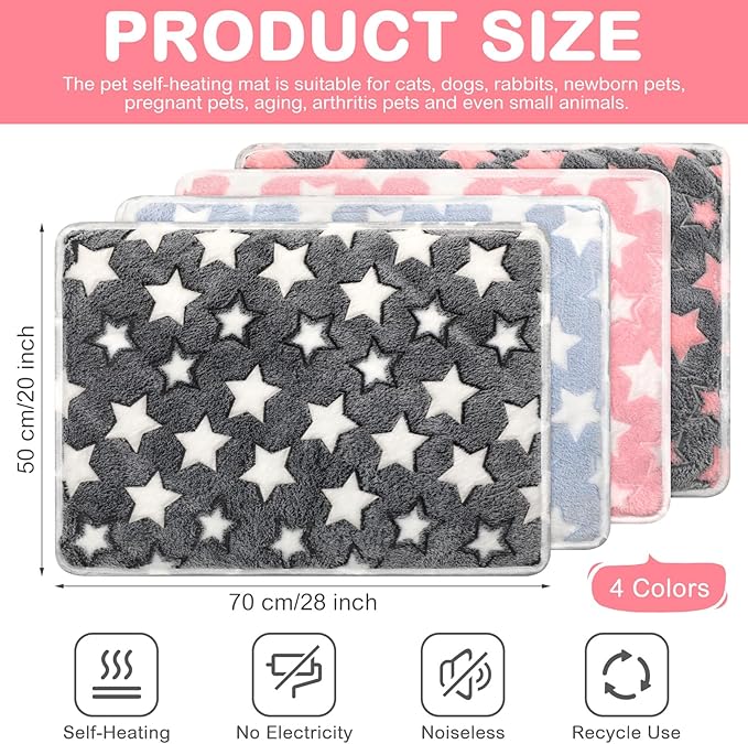 4 Pack Self Heating Cat Bed Cat Self Warming Pad with Removable Cover Extra Warm Thermal Pet Pad Washable Pet Crate Mat Anti Slip Kennel for Indoor Outdoor Pets(Star,20 x 28 Inches)