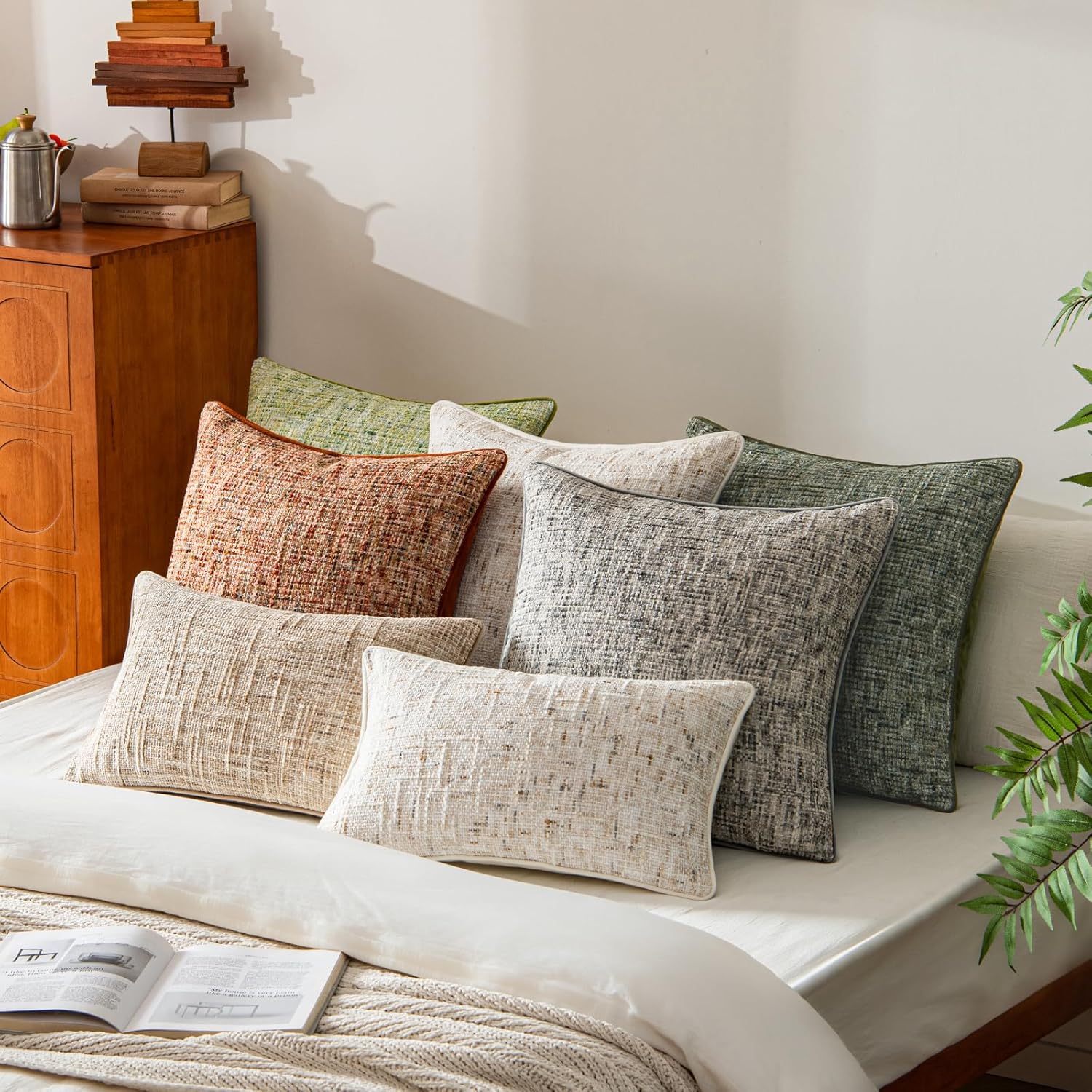 A Moment Christmas Dark Green Reversible Pillow Covers 2 Pack - Farmhouse Chenille Throw Pillows, Neutral Textured Decorative Throw Pillow Covers with Border for Couch Sofa Bed (18x18 Inch, No Insert)