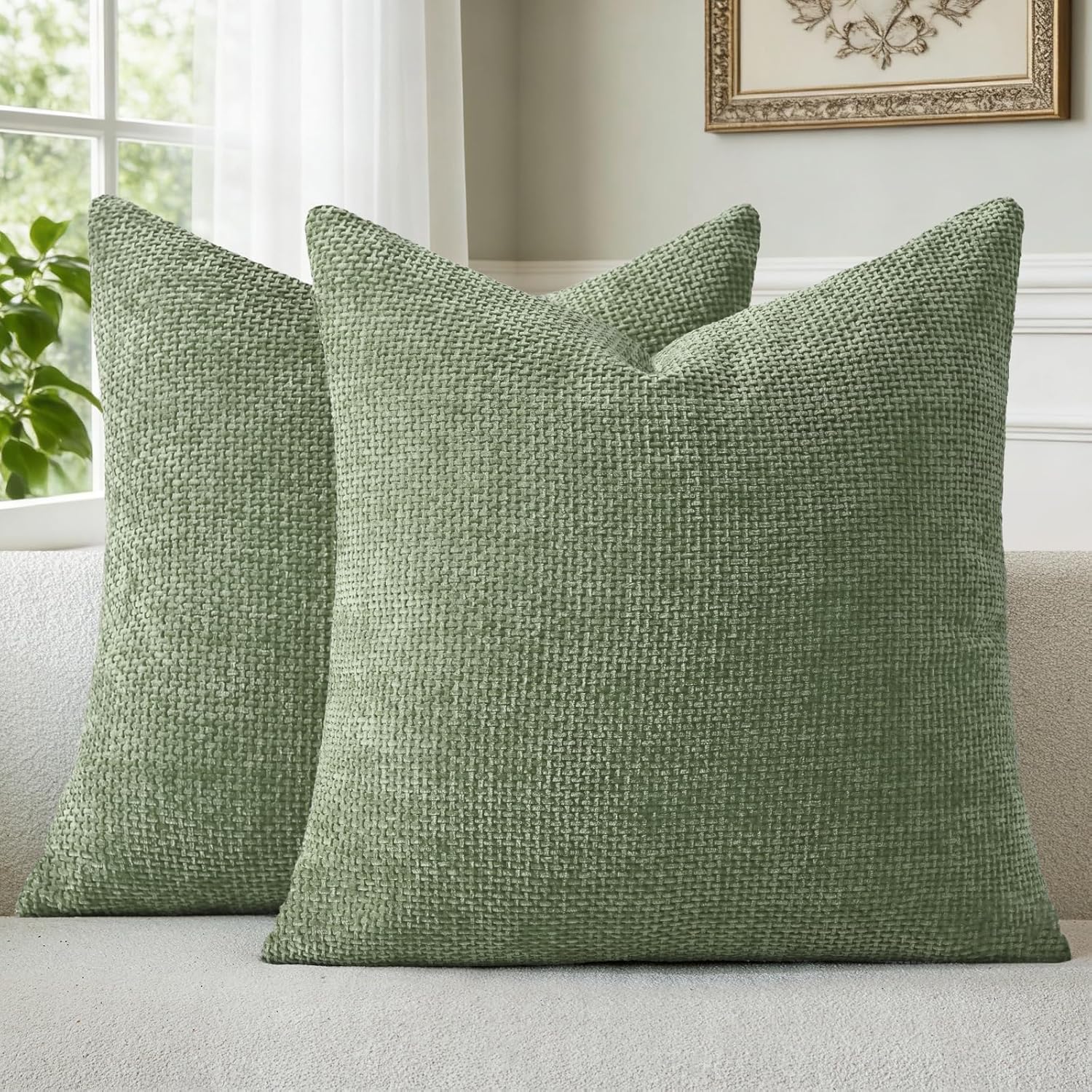 a moment Moss Green Chenille Throw Pillow Covers 20x20 Inch Pack of 2 Modern Decorative Throw Pillow Covers Farmhouse Cross Covers Modern Home Decor for Sofa Bedroom Living Room