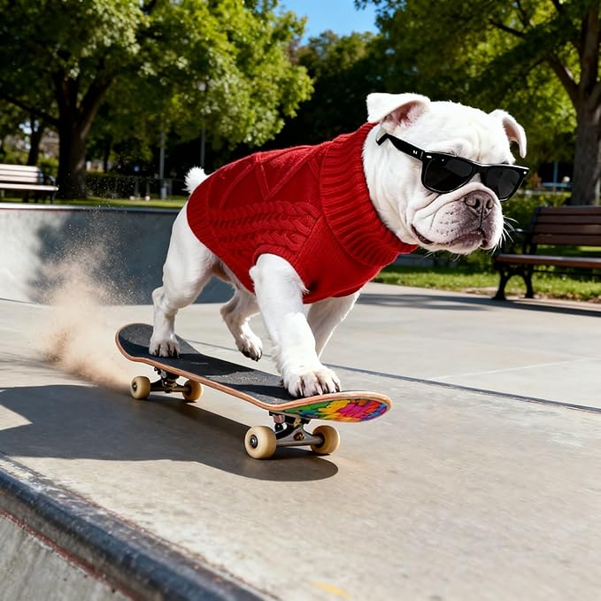 Medium/Large Dog Sweater, Warm Comfy Stretch Dog Winter Coat w/Sleeves & High Neck, Premium Dog Clothes for Bulldog-Best for Holidays, Daily Walks L Red