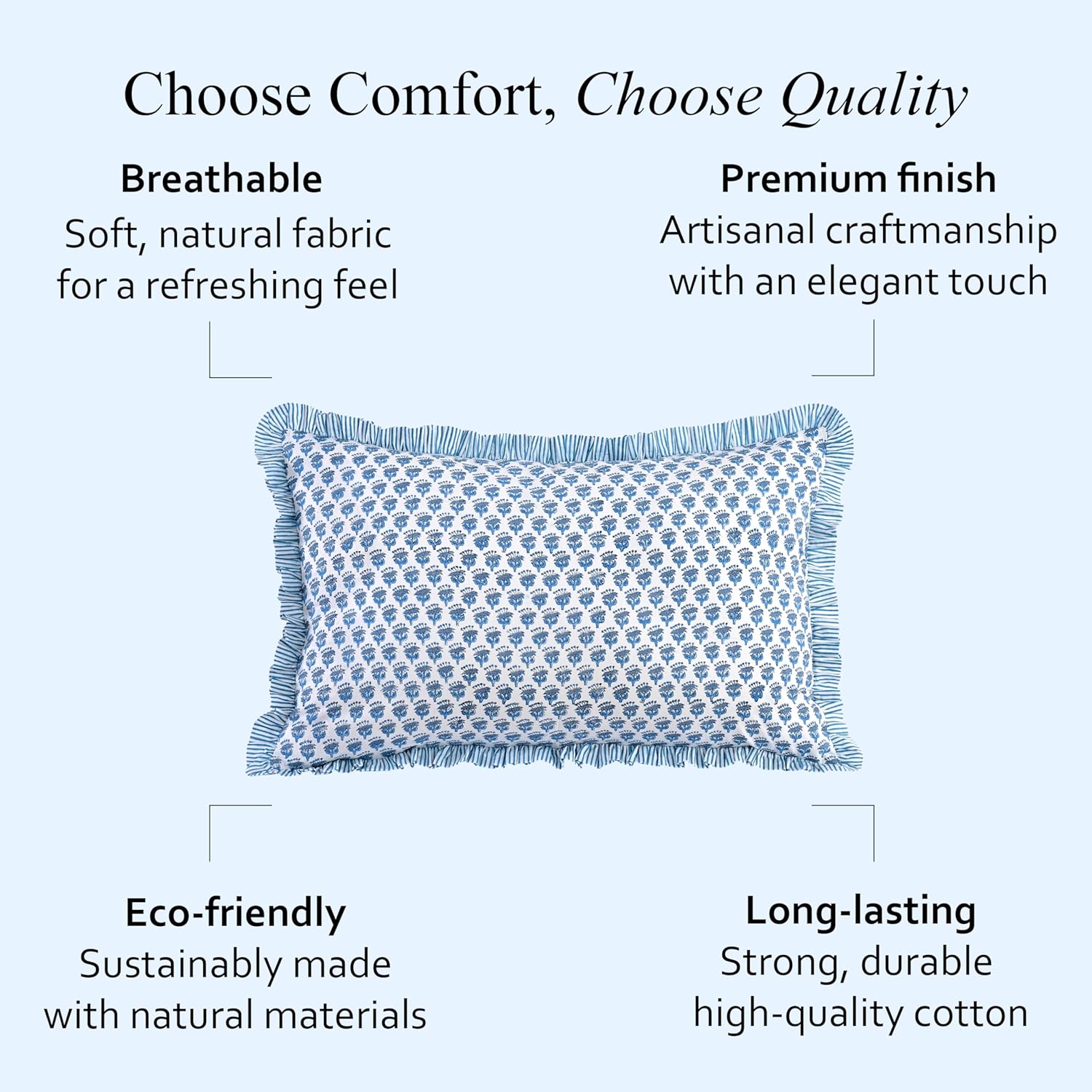 CPC Apatite Blue 100% Cotton Block Print Ruffle Sham Cover 20X30 inch Pack of 2, Handmade Boho Floral Pillowcase, Soft Decorative Lumar Cushion Cover for Bedroom Décor