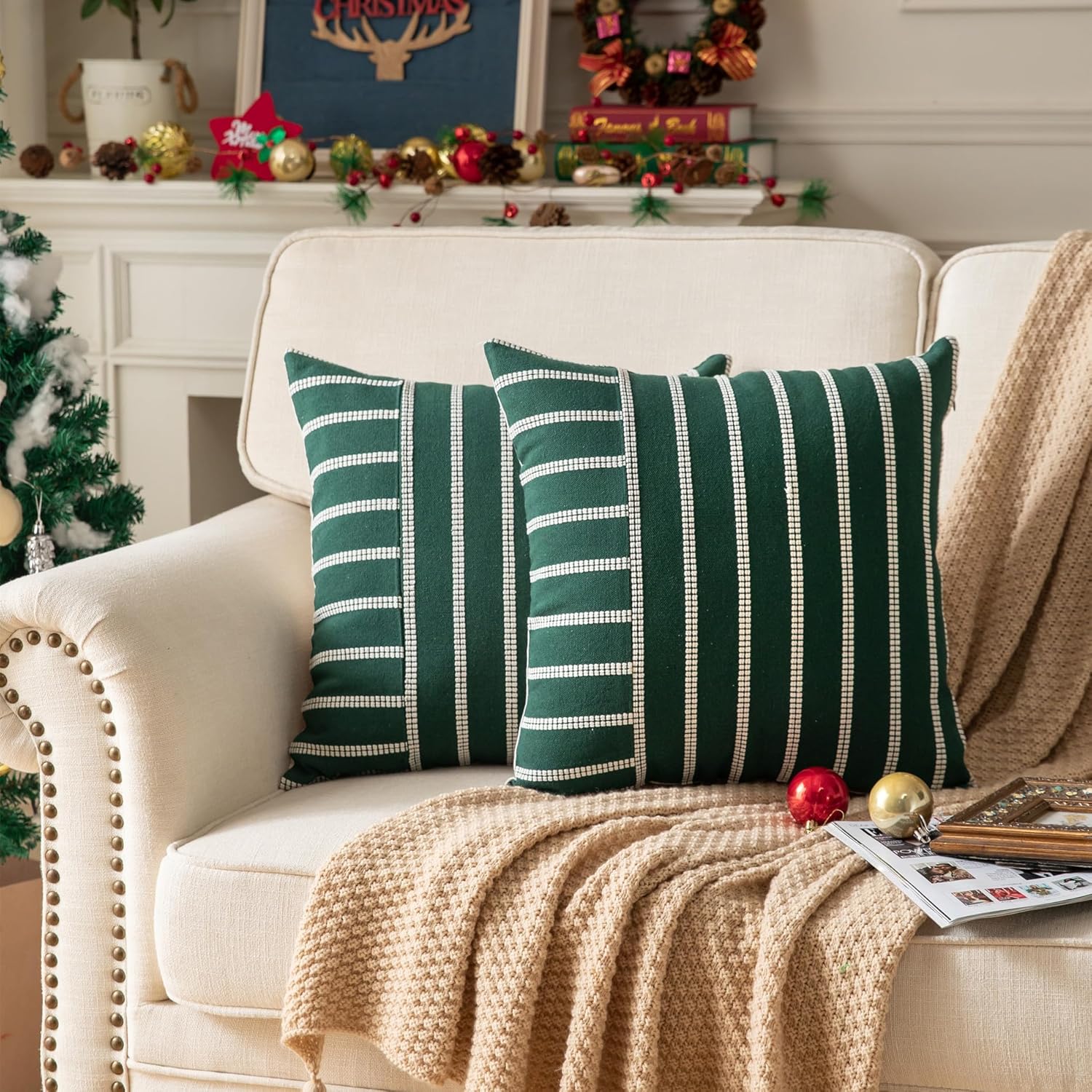 Boho Throw Pillow Covers 20x20 Set of 2 Soft Farmhouse Decorative Couch Pillow Cases Dark Green Striped Pillow Covers Neutral Cushion Covers for Sofa Bed Living Room Home Decor