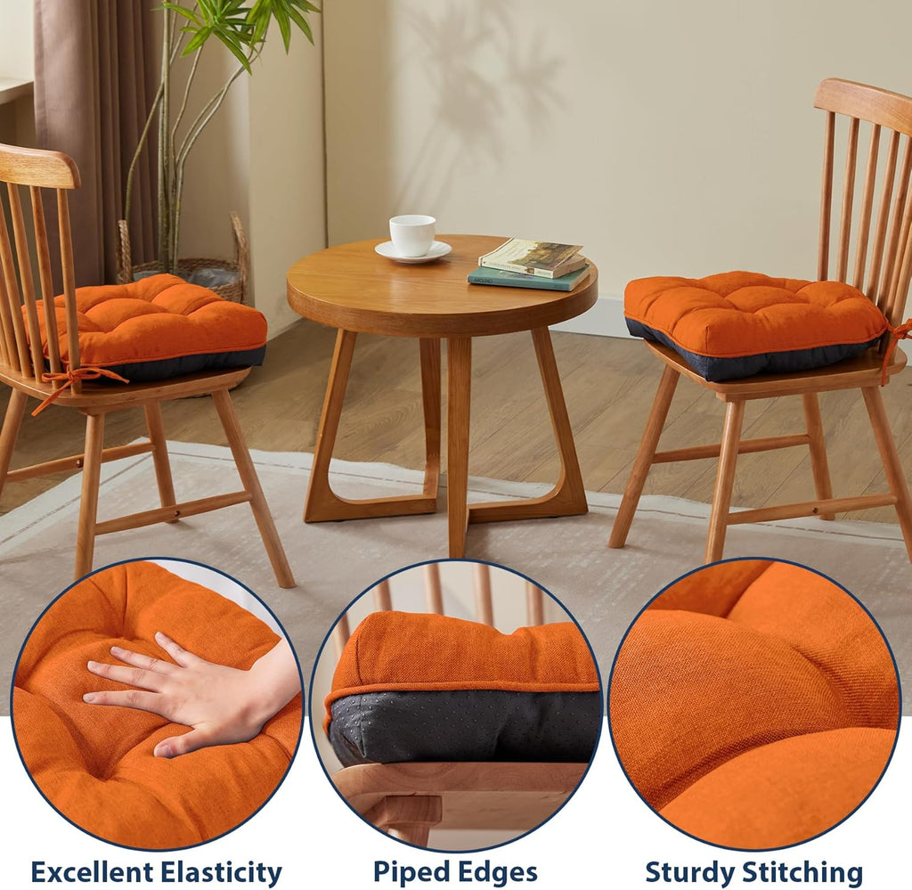 Chair Cushions for Dining Chairs, Seat Cushions for Kitchen Chairs, Indoor Seat Cushions with Ties, Tufted Foam Chair Pads, Non Slip Chair Cushions Set of 4, 15.5" x 15.5" x 4", Orange