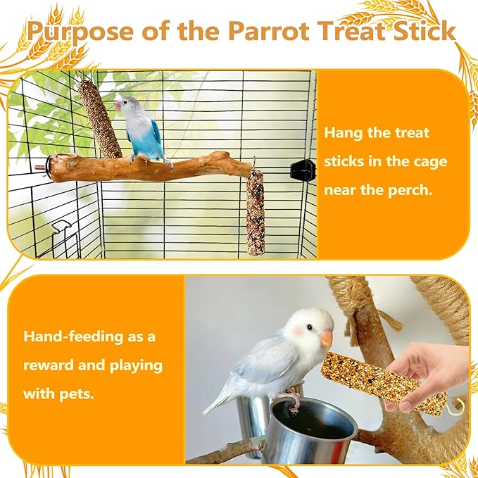 2PCS Parakeet Treat,Natural Parrots Treat Sticks,Vegetable & Grain Style Sticks,Bird Treats for Cockatiel Lovebirds Budgies Canary Finches Conure