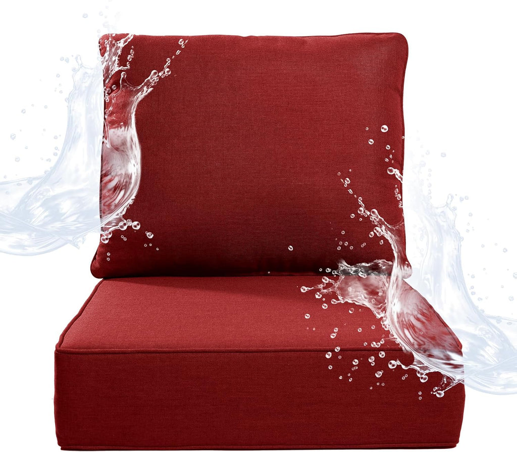 6 inches Thicker Outdoor Chair Cushions Set- 24" *24" *6" Waterproof Patio Furniture Cushions with Removable Cover, 28D High Density Sponge Filling Thicken Outdoor Patio Cushions - Red