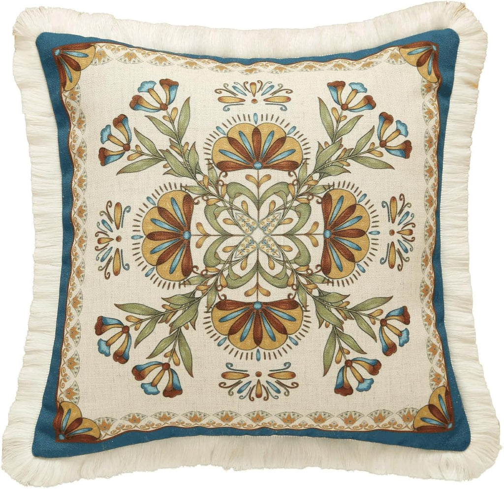 patdrea Designer Square Throw Pillow Covers,French Vintage Blue Farmhouse Linen Floral Pattern Pillow Cover,Decorative Pillowcases Cushion for Bed Living Room Outdoor Car,18"x18"