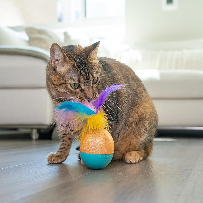 Catstages Whack N' Wobble Ball Intearctive Cat Toy, Weighted Ball with Feathers, Bell, Glitter Fabric & Catnip Oil, Turquoise