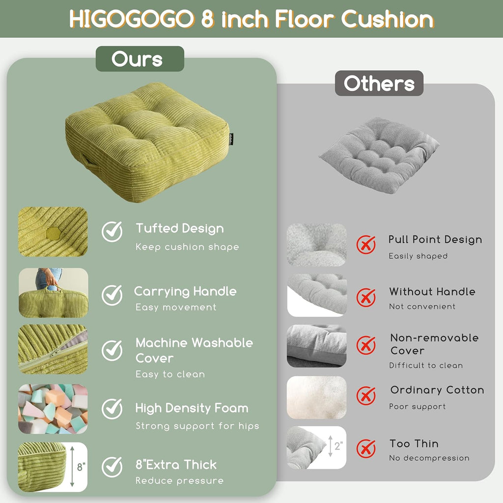 8" Washable Floor Pillow Cushion for Adults, Meditation Cushion Pillow, Large Square Floor Sitting, Removable Tufted Corduroy Cover, for Tatami Living Room or Yoga, 22x22 Inch, 2Pack, Machine Washable