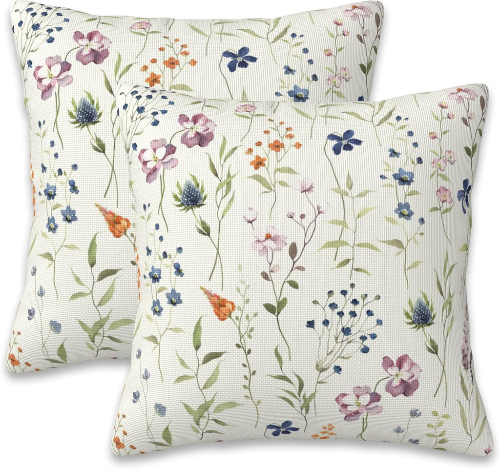 Throw Pillow Covers Spring Summer Floral Pillow Covers 16x16 Inch Set of 2 Watercolor Flowers Throw Pillows Decorative Pillow Cases Cushion Covers for Bedroom Livingroom Sofa Farm House