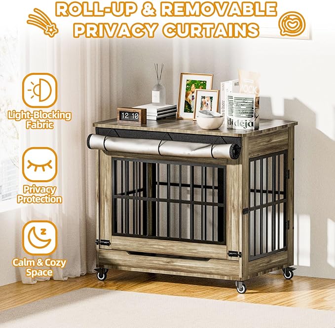 32" Dog Crate Furniture, Double Door Wooden Indoor Dog Kennel Furniture, Decorative Pet Cage End Table with Wheels for Medium and Small Breed Dogs, Size M, Rustic Brown