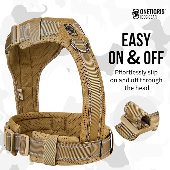 OneTigris Dog Harness, Soft Padding No Pull Dog Vest Harness, Durable High-Tensile Nylon, Adjustable Tactical Harness for Medium and Large Dogs with Reflective, 1 Handle, 3 D-Rings