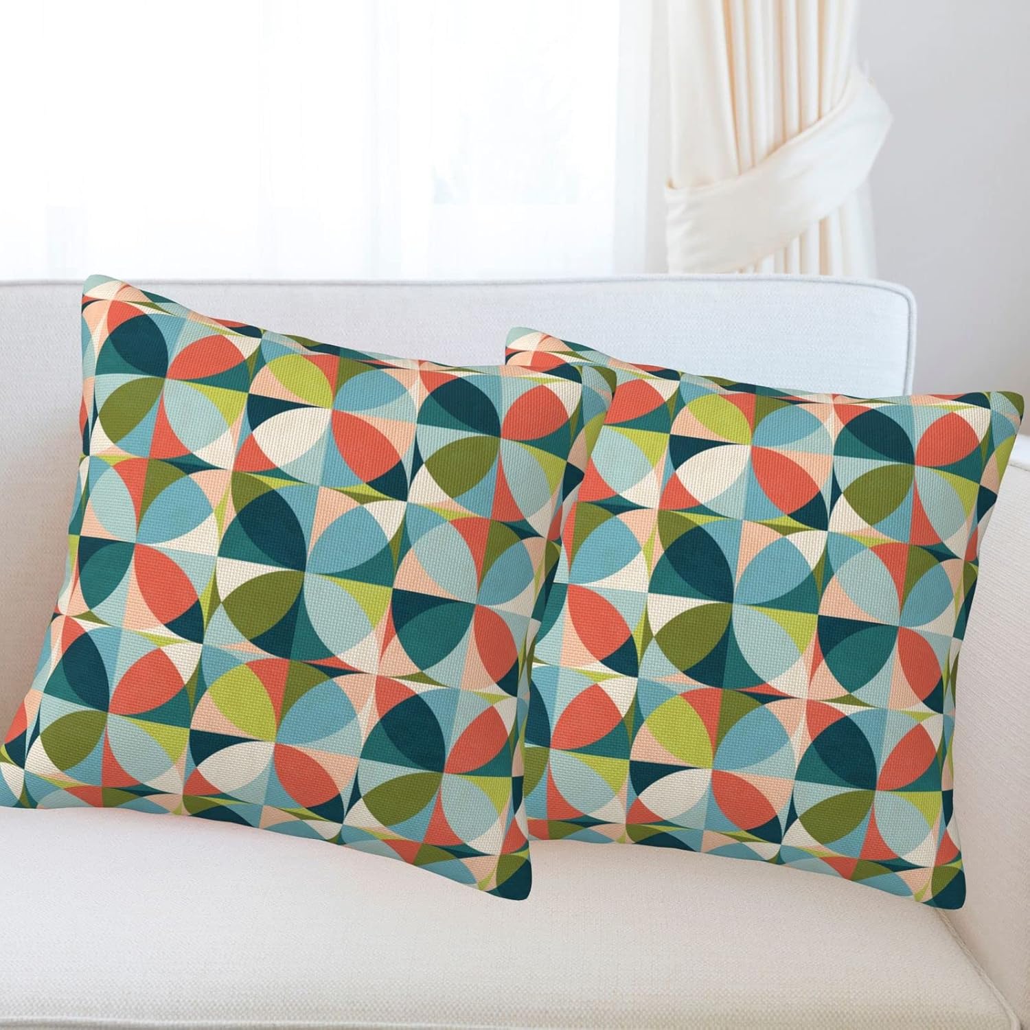 bassyil Geometric Mid Century Modern Colors Throw Pillow Covers Decorative Linen Pillow Cases Set of 2 Square Cushion Cover for Couch Sofa Bedroom Patio 18x18 Inch